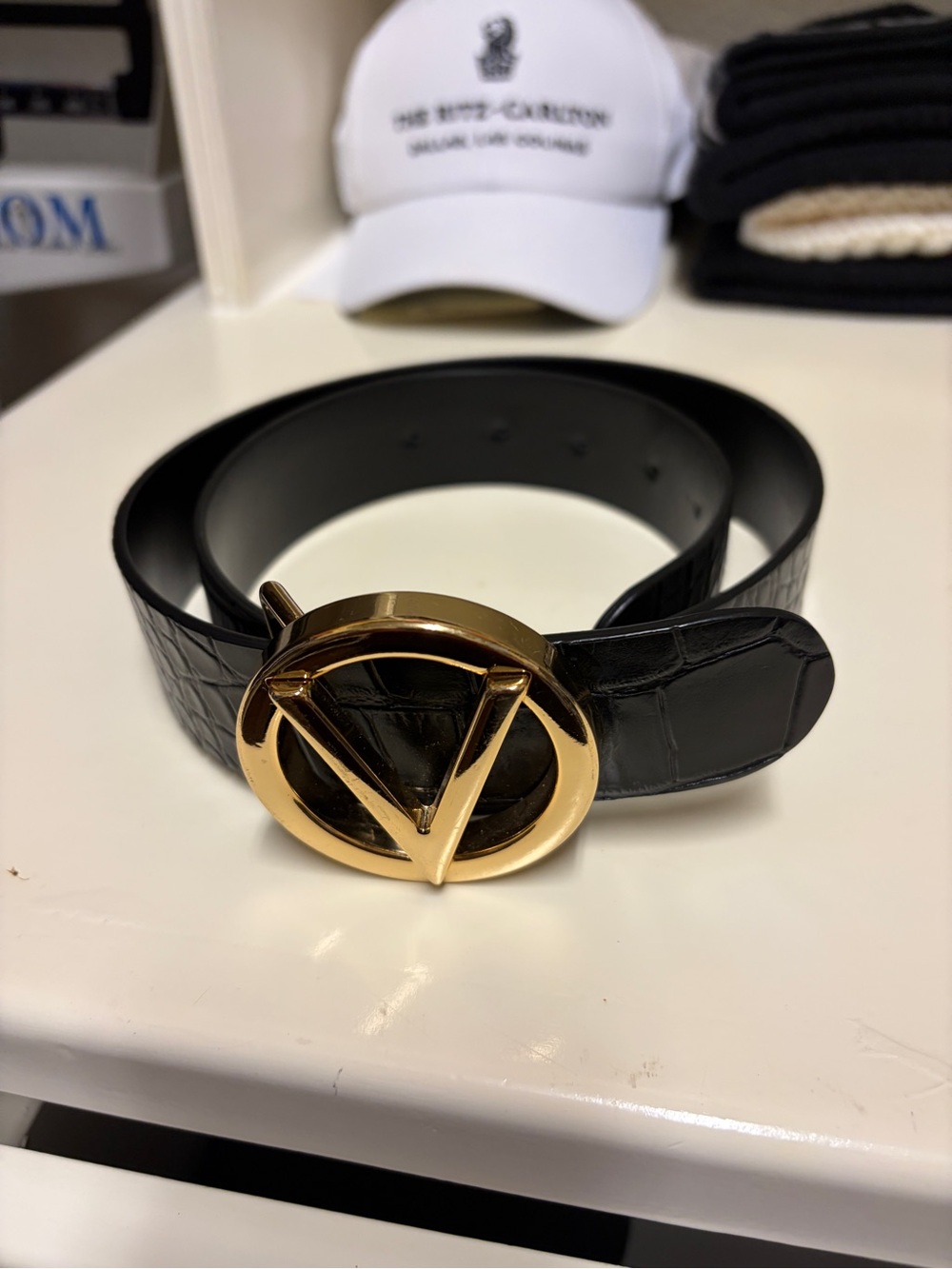 Valentino Garavani Black Croc-Embossed Belt with Gold V Buckle